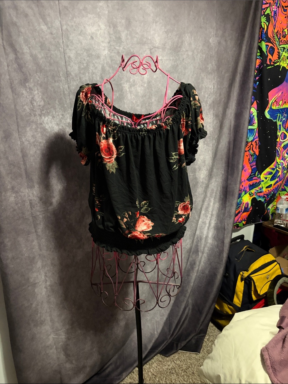 Black Floral Off-Shoulder Blouse with Rose Print
